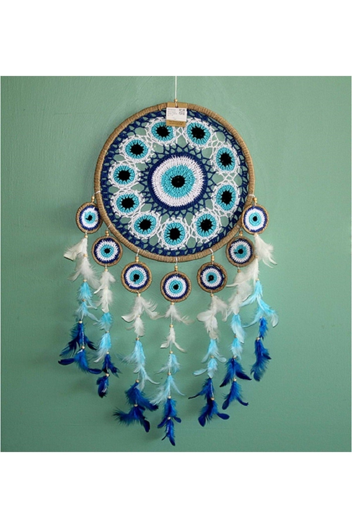 Natürel Hasır Kasnaklı Tüylü Otrişli Nazarlık /Duvar Dekorasyon/ Düş Kapanı / Dreamcatcher