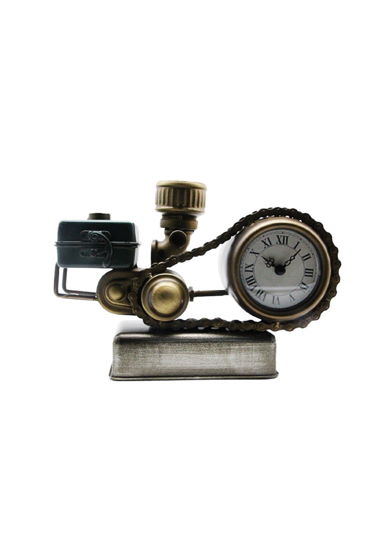 Retro Endüstriyel Motor Tasarımlı Metal Masa Saati – Zincir Detaylı Antik Bronz Dekoratif Saat