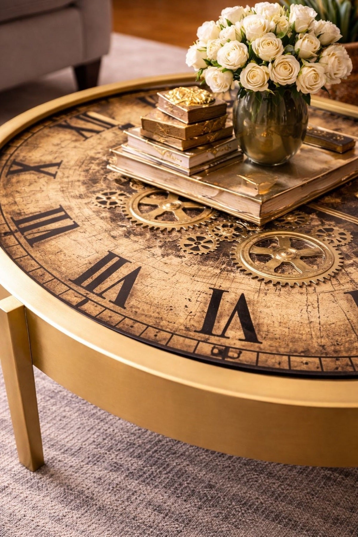 ChronoAurum – Metal Çarklı Lüks Saat Detaylı Orta Sehpa
