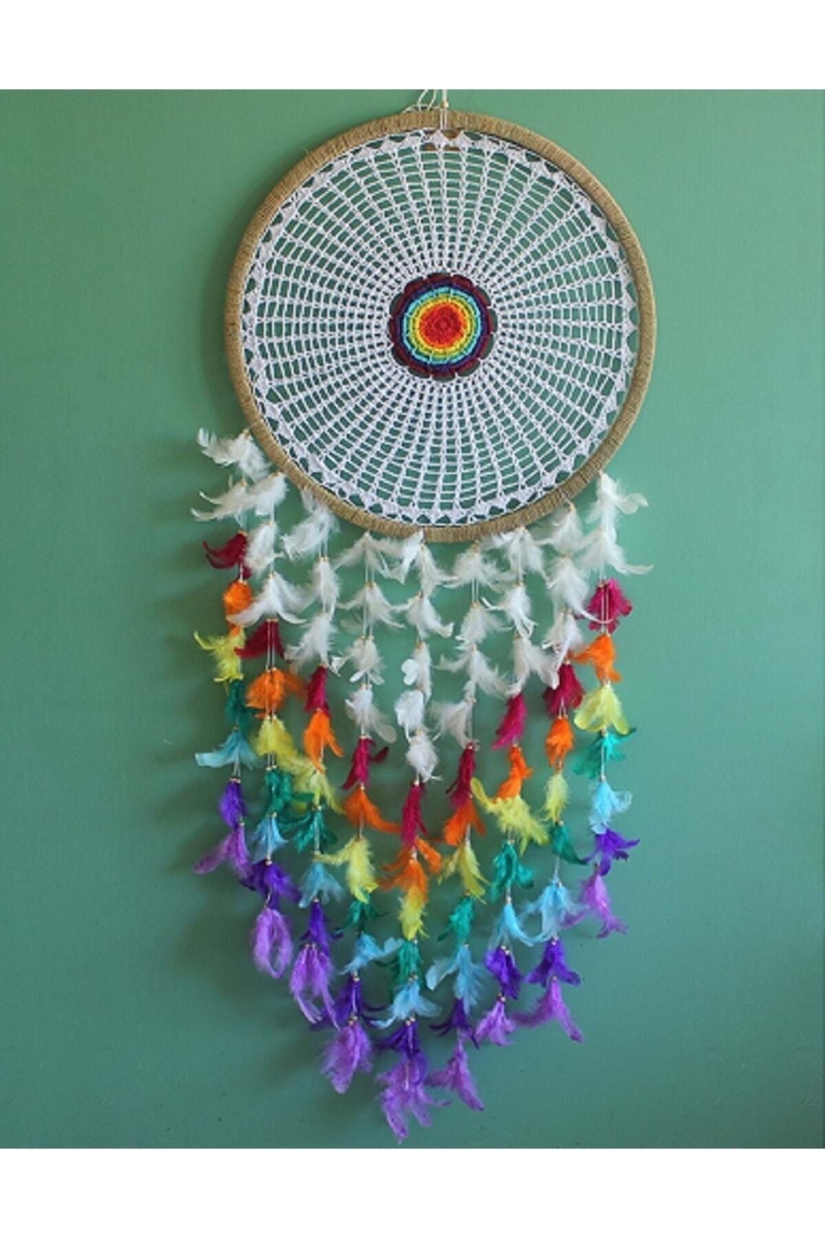 Tek Gözlü Renkli Ortişli Tüylü Natürel Rüya Kapanı/ Düş Kapanı/ Dreamcatcher