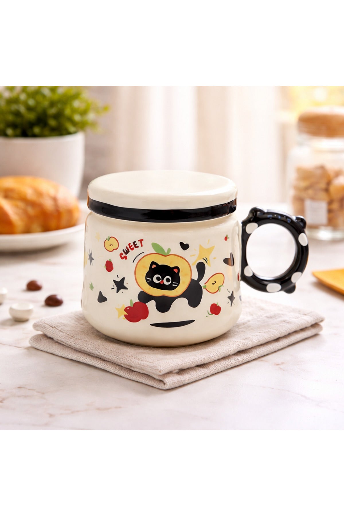 Sevimli Kedi Desenli Kapaklı Seramik Kupa Bardak Kahve Fincanı Kawaii Hediyelik Ofis