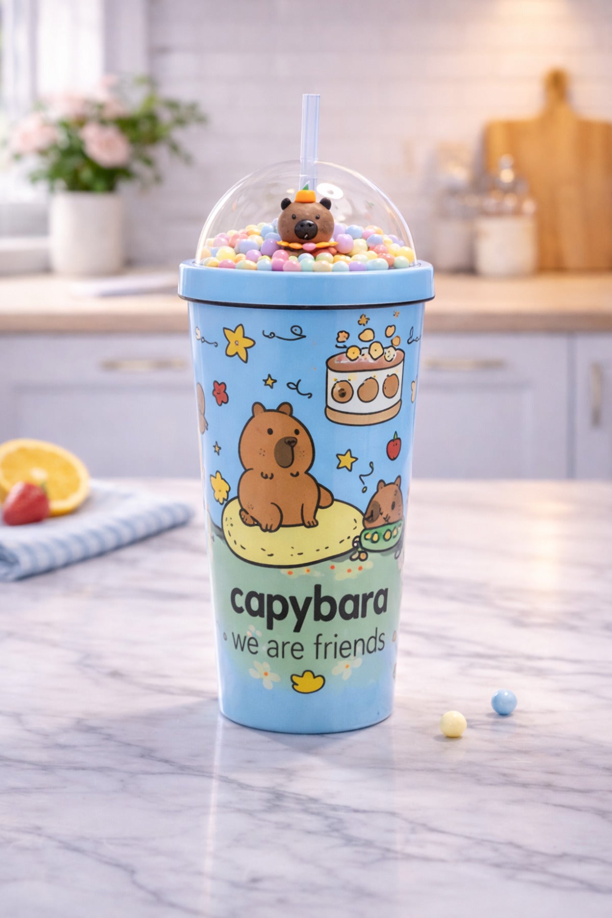 550 ml Capybara Figürlü Pipetli Çocuk Termos Bardak Boncuklu Kubbe Kapaklı Sevimli Matara