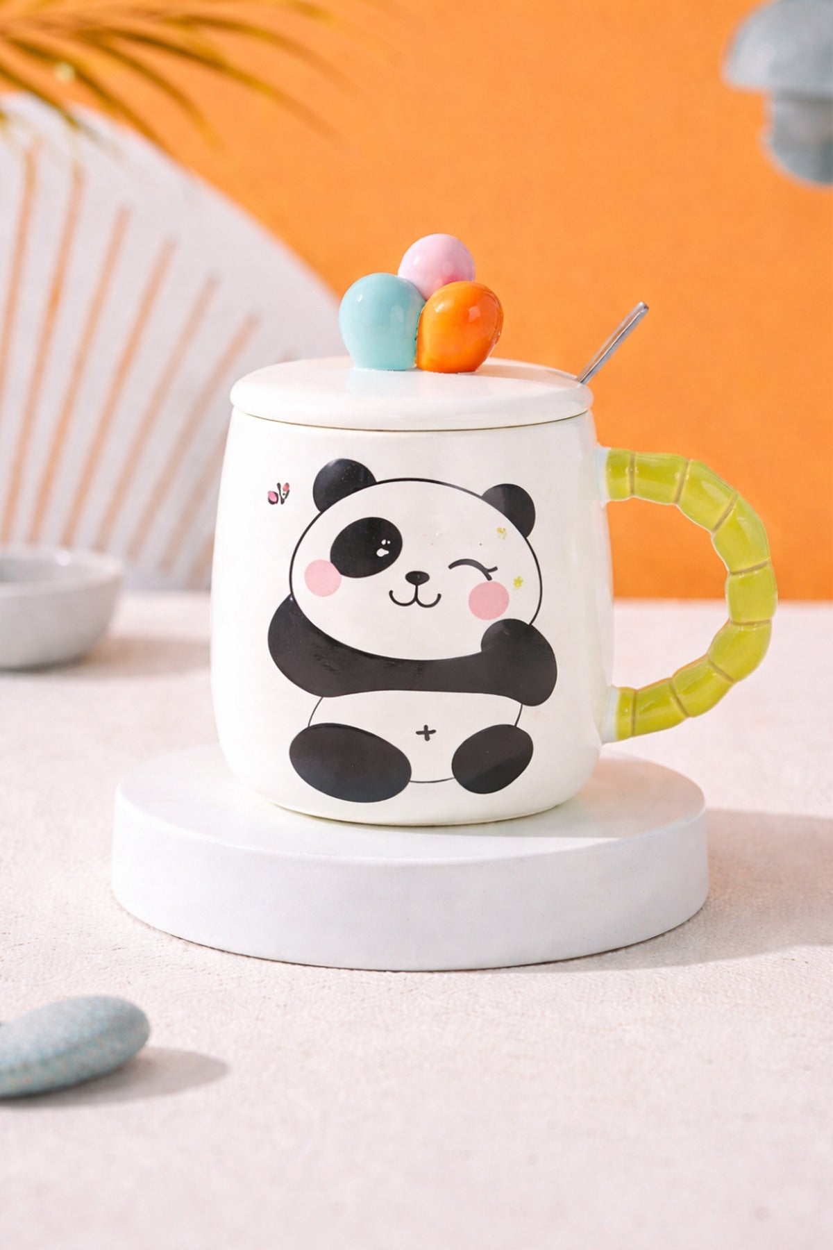500 ML Kapaklı Kaşıklı Panda Seramik Kupa – Sevimli Tasarım Varyantlı Model