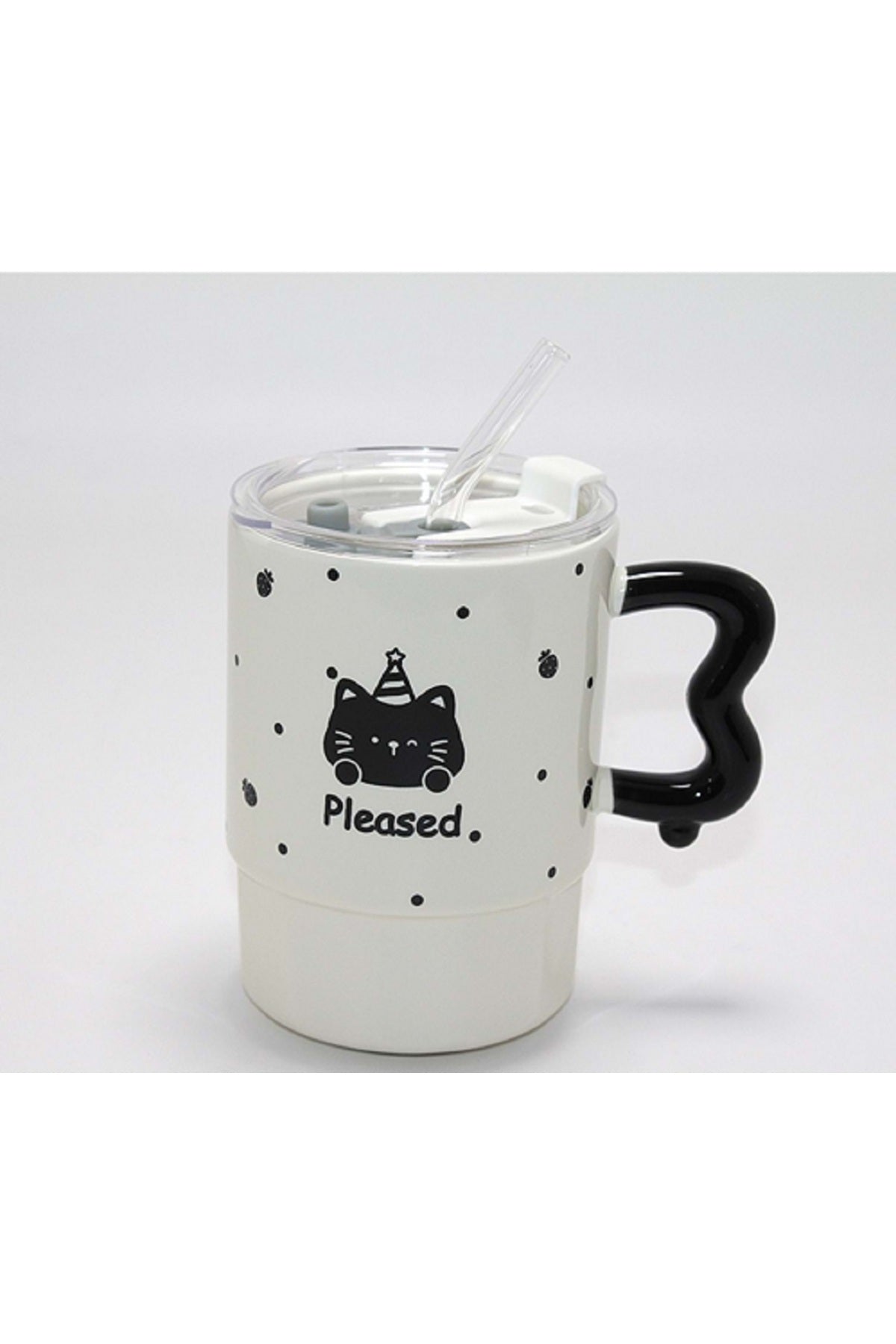 500ml Kapaklı Pipetli Kawaii Kedi Tasarımlı Kupa Bardak Siyah Beyaz Sevimli Model