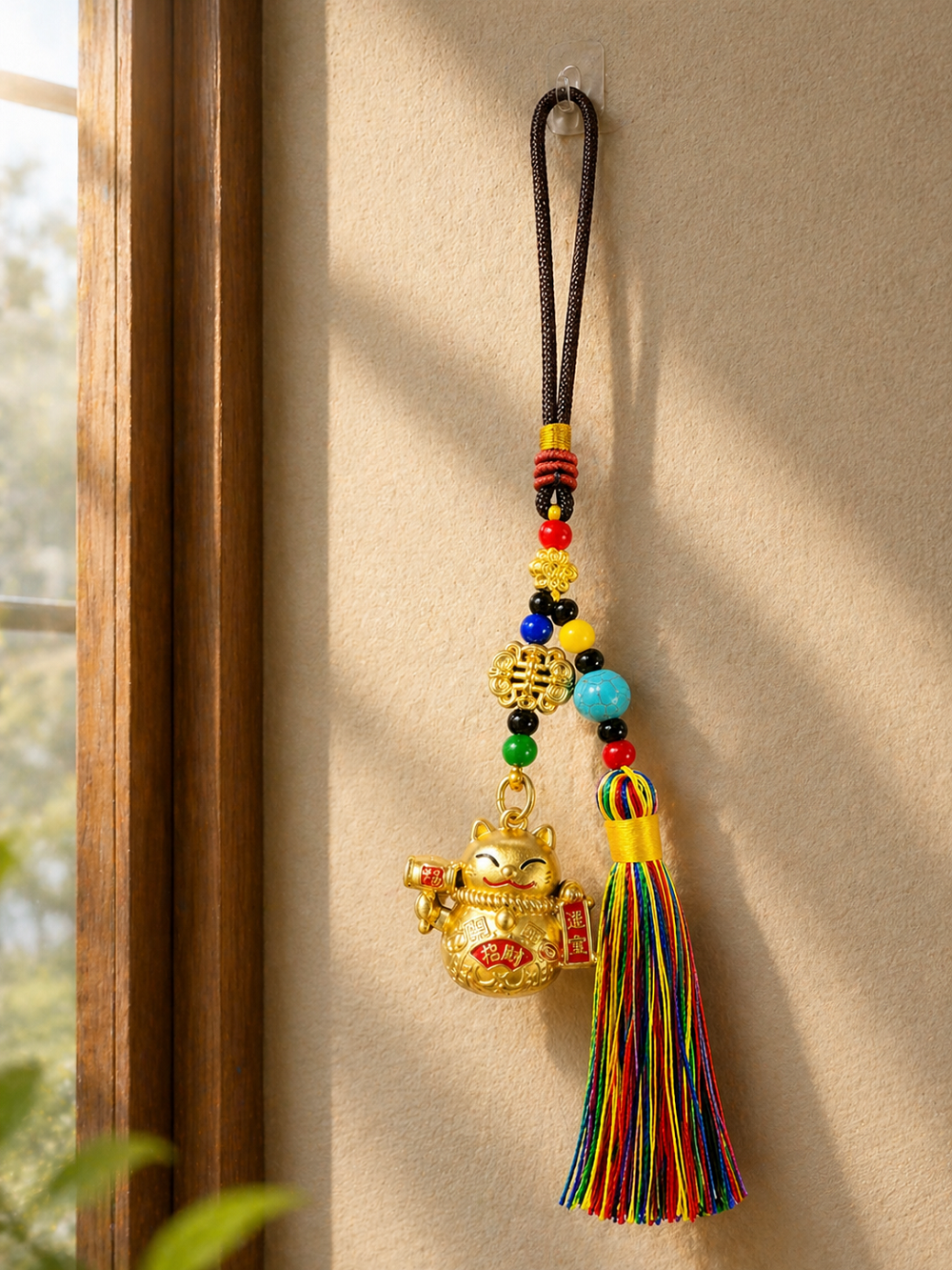 Şans Kedisi Duvar Süsü Askılık Renkli Püsküllü Feng Shui Dekoratif Aksesuar