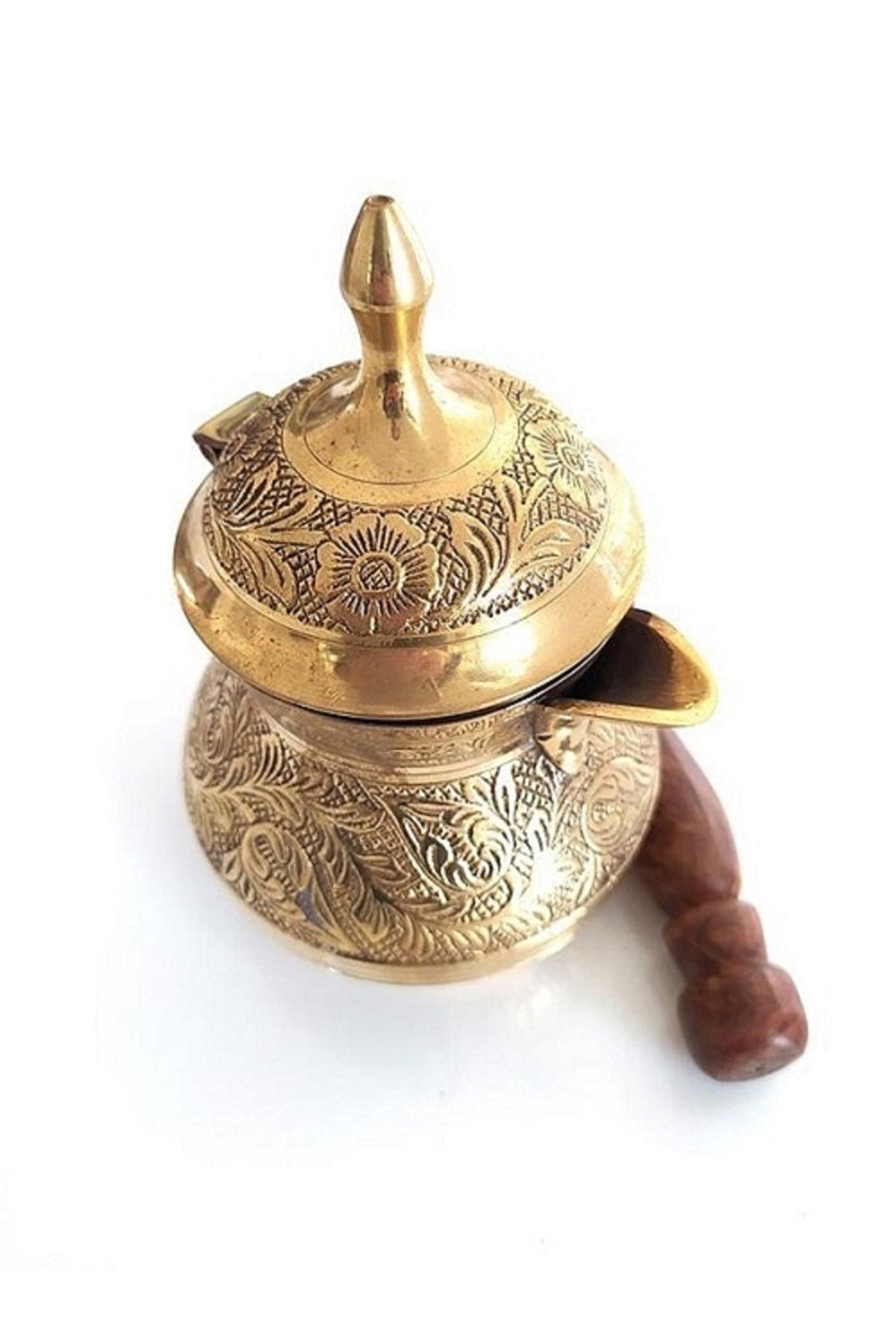 Pirinç Kakma Işlemeli Osmalı Cezvesi Kapaklı 6.5” Inc
