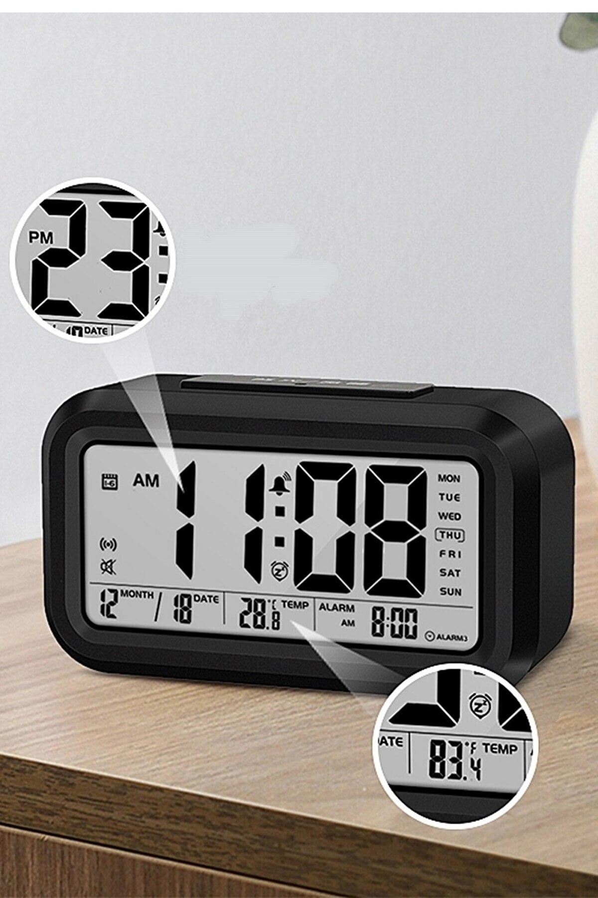 Lcd Ekran Dijital Pilli Gece Işıklı Alarmlı Masaüstü Çalar Saat