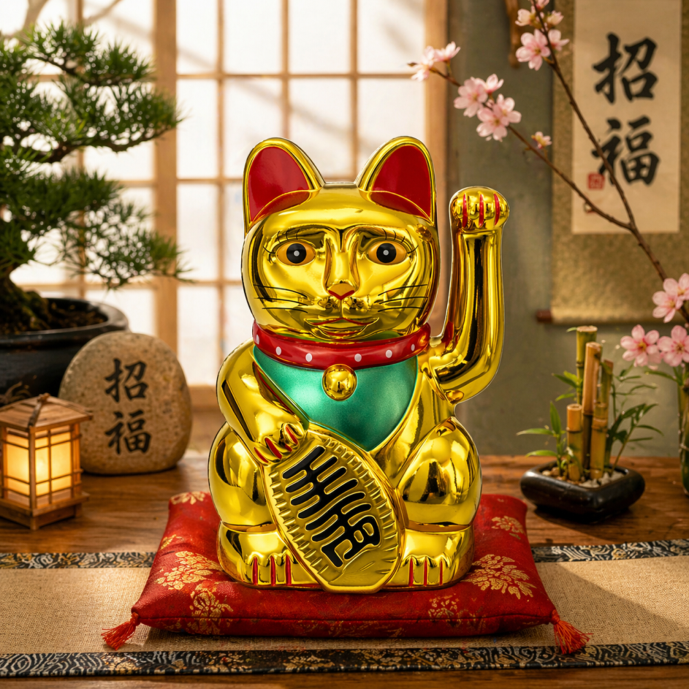 Şans Getiren Altın Kedi Biblo Maneki Neko Dekoratif Figür Parlak Kaplama