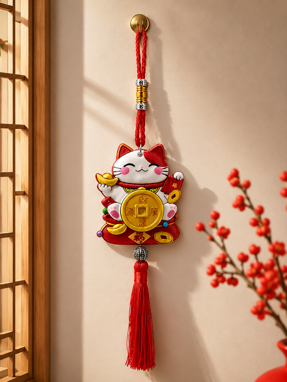 Şans Kedisi Duvar Süsü 38 CM | Dekoratif Çin Feng Shui Lucky Cat Asma Obje
