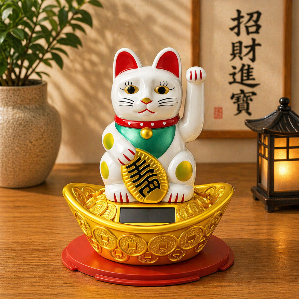 Büyük Boy Solar Şans Kedisi Maneki Neko Dekoratif Biblo Feng Shui
