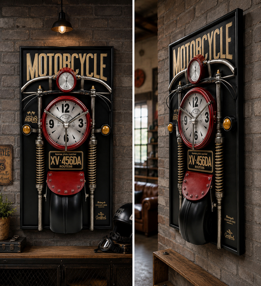Siyah Motosiklet Temalı Dekoratif Duvar Saati – Vintage Motor Tasarımlı Büyük Boy Duvar Dekoru 120x60x18 Cm
