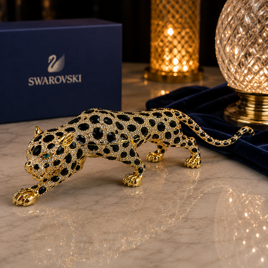 Swarovski Taşlı Dekoratif Leopar Biblo – Lüks Siyah Gold Tasarım 40 Cm