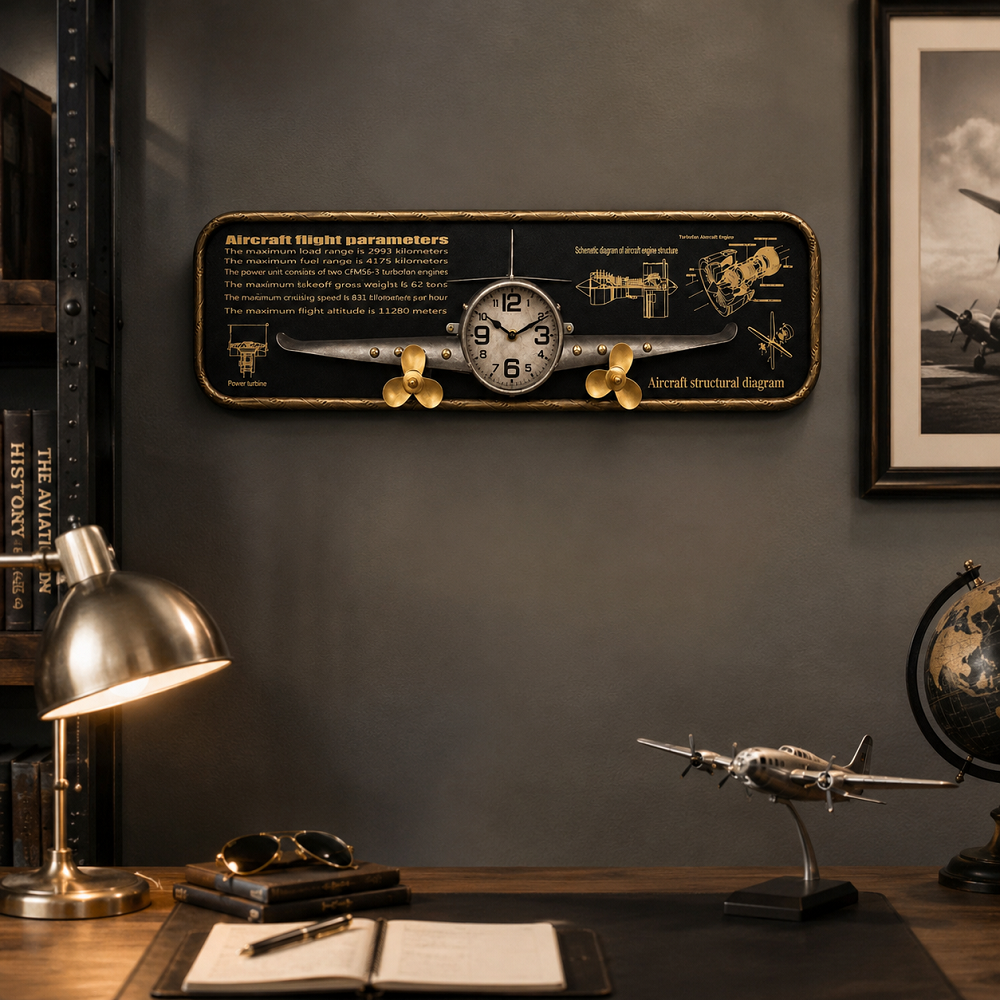 Dekoratif Uçak Tasarımlı Duvar Saati – Havacılık Temalı Vintage Metal Duvar Dekoru 78x21x8 Cm