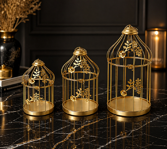 Lüks Gold Dekoratif Kafes Şamdan Seti 3’lü Metal Mumluk Salon ve Masa Aksesuarı Şık Tasarım