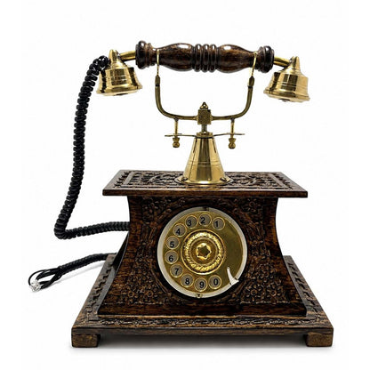 Antik Görünümlü Dekoratif Telefon – Ahşap İşlemeli Vintage Masa Telefonu