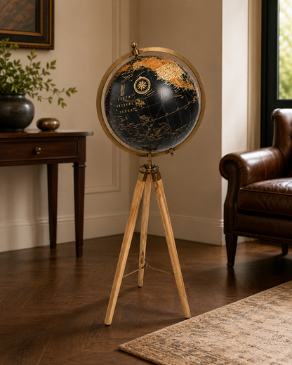 Ahşap Tripod Ayaklı Siyah Gold Dekoratif Dünya Küresi