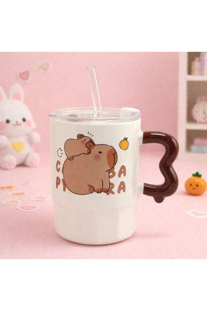 Sevimli Kapibara Desenli Pipetli Kupa – Kawaii Tasarım Kapaklı Bardak