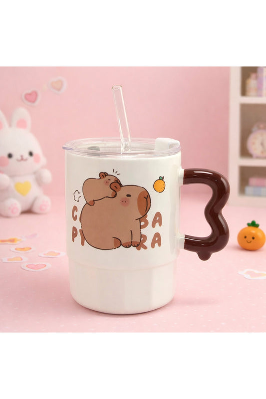 Sevimli Kapibara Desenli Pipetli Kupa – Kawaii Tasarım Kapaklı Bardak