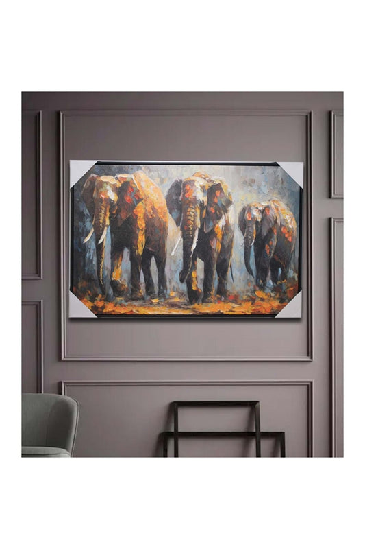 Retro Renkli Vintage Fil Ailesi Duvara Asmalı Yağlı Boya Tablo 90x60