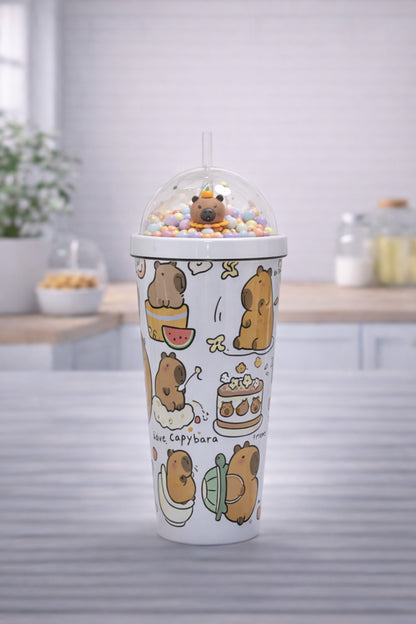 550 ml Capybara Figürlü Pipetli Çocuk Termos Bardak Boncuklu Kubbe Kapaklı Sevimli Matara