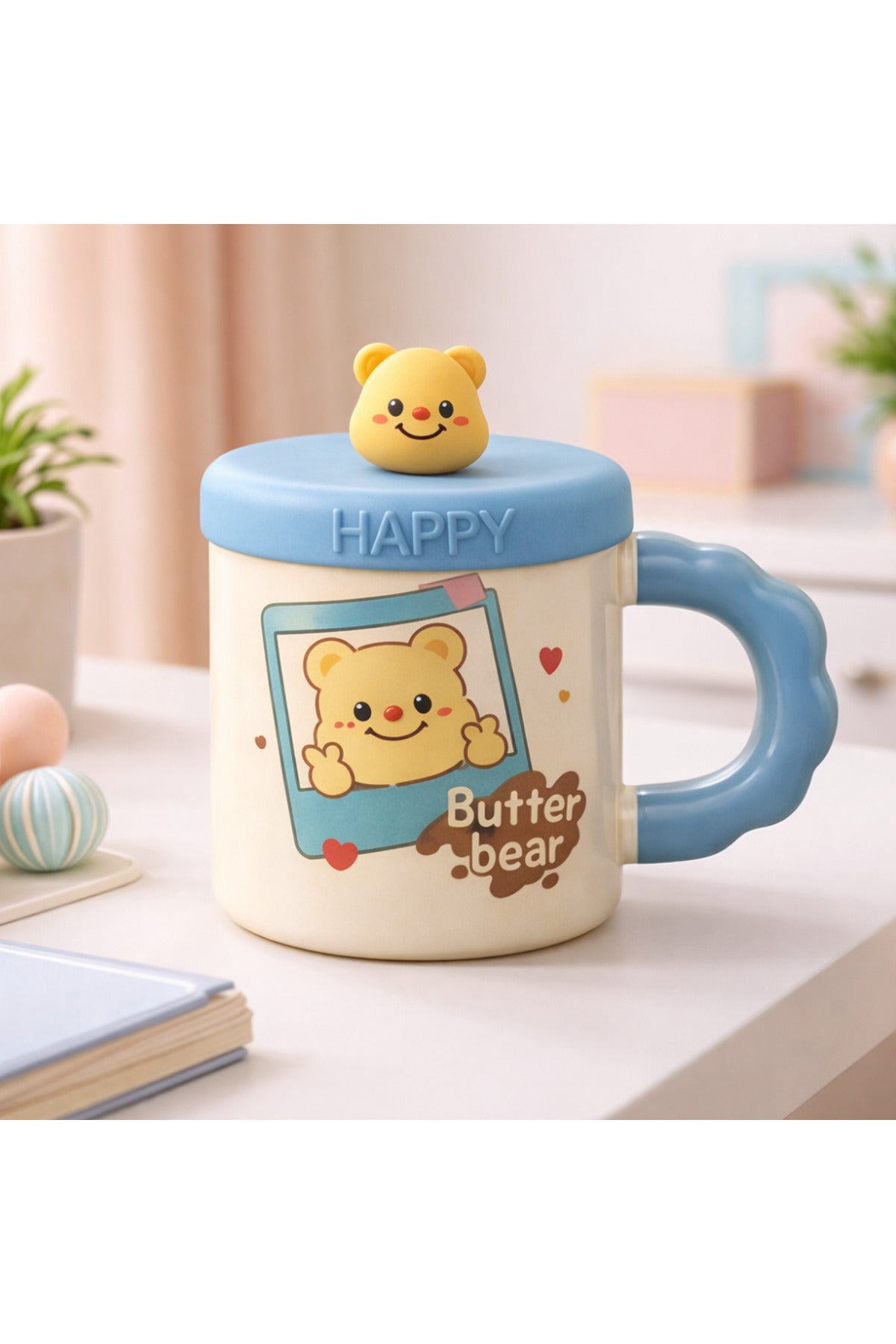500 ML Kapaklı Kaşıklı Butter Bear Seramik Kupa – Sevimli Ayıcık Tasarım