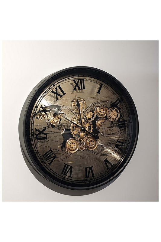 Vintage Metal Çarklı Dünya Haritalı Duvar Saati Steampunk Tasarım, Roma Rakamlı
