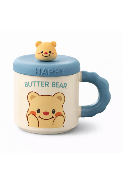 500 ML Kapaklı Kaşıklı Butter Bear Seramik Kupa – Sevimli Ayıcık Tasarım