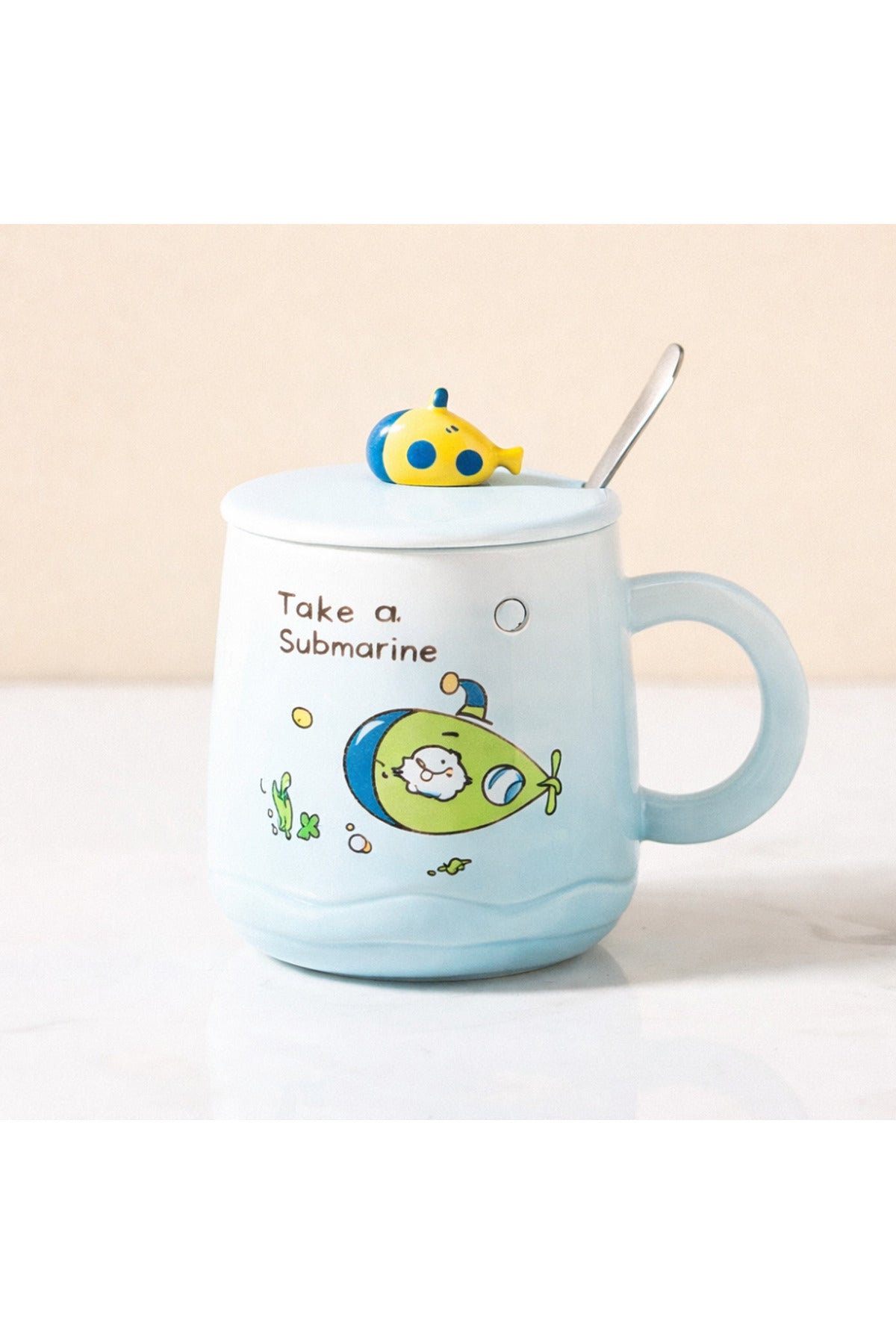 500 ML Denizaltı Tasarımlı Kapaklı Seramik Kupa – Kaşıklı Sevimli Submarine Mug