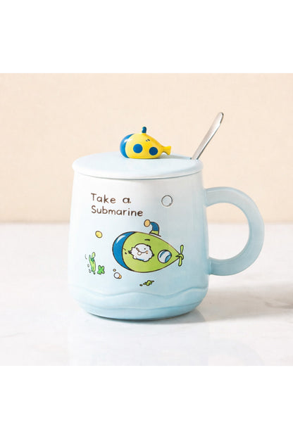 500 ML Denizaltı Tasarımlı Kapaklı Seramik Kupa – Kaşıklı Sevimli Submarine Mug