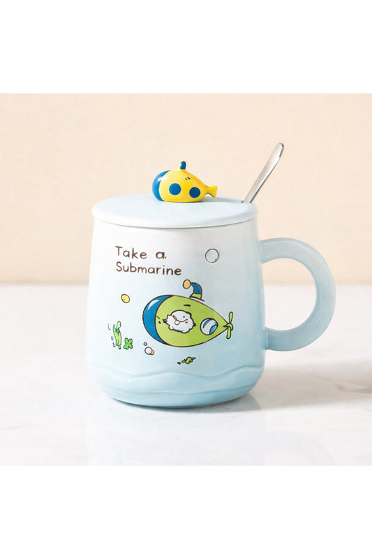 500 ML Denizaltı Tasarımlı Kapaklı Seramik Kupa – Kaşıklı Sevimli Submarine Mug