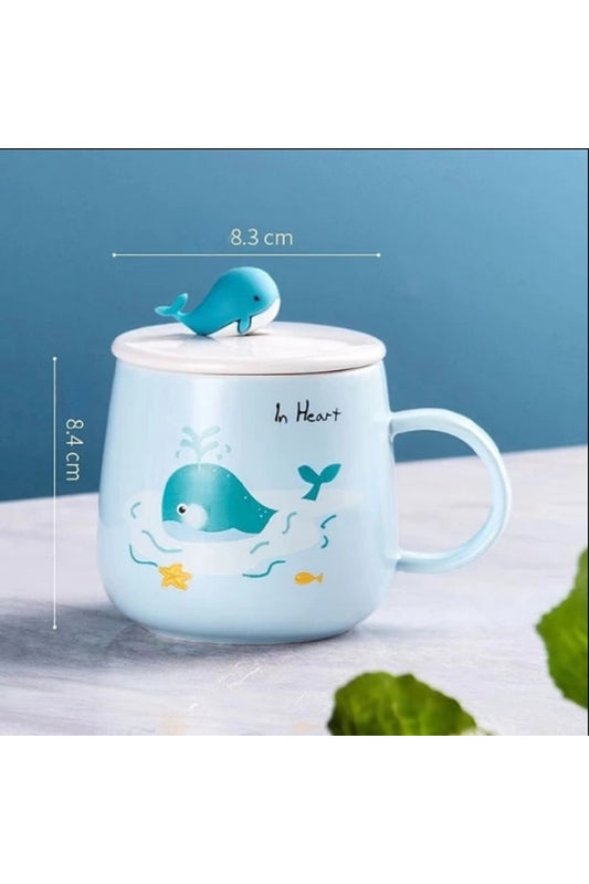 400ml Sevimli Seramik Karikatür Balina Kapaklı Kaşıklı Kupa Bardak
