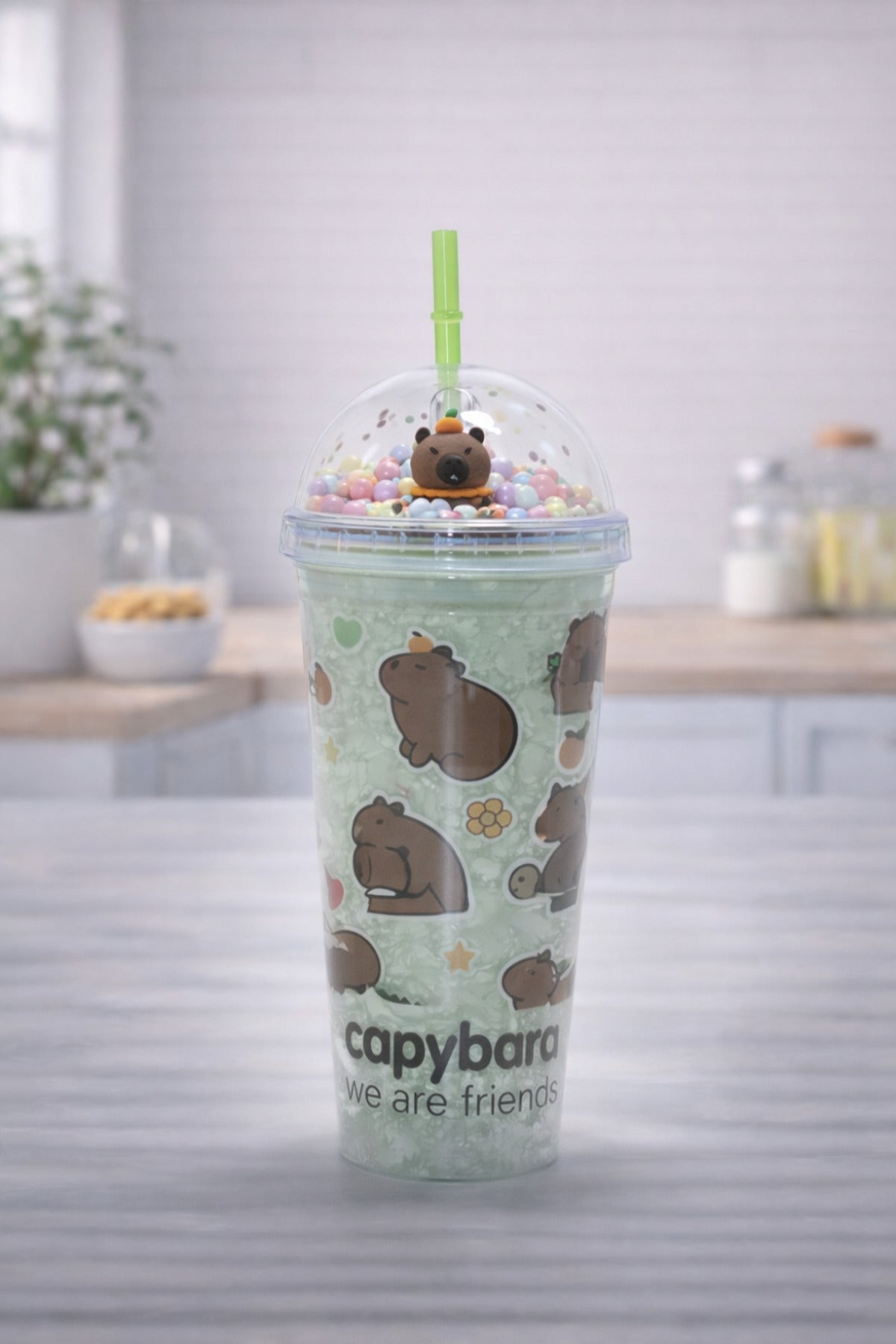 Capybara Desenli Pipetli Soğuk İçecek Bardağı Şeffaf Kapaklı Straw Cup Sevimli Tumbler Bardak