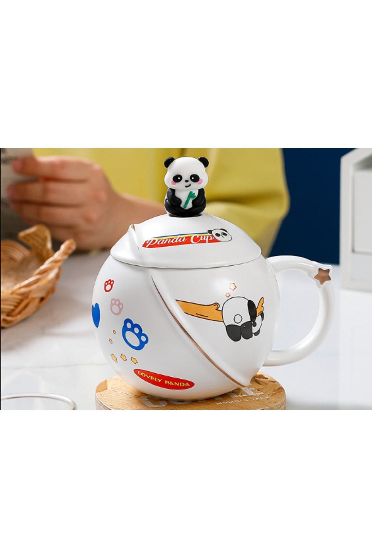 400ml Seramik Kapaklı Kaşıklı Panda Kupa Bardak Çay Kahve Bardağı Ofis Kupa Seti