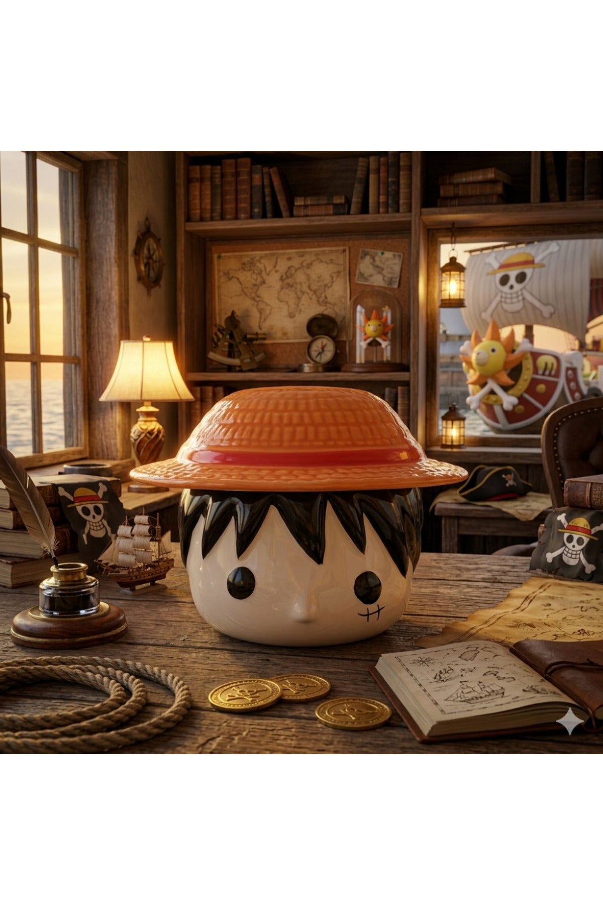 One Piece Monkey D. Luffy Hasır Şapka Kapaklı Seramik Kupa Bardak - Anime Koleksiyonu Özel Tasarım