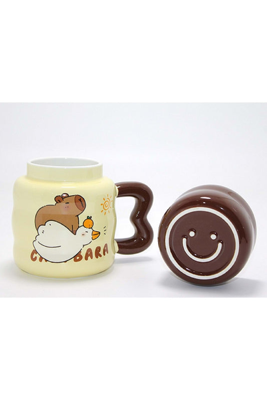 Kapaklı Kawaii Kapibara ve Ördek Desenli Seramik Kupa Bardak Sevimli Tasarım Şık Modeli