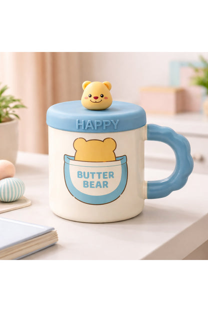 500 ML Kapaklı Kaşıklı Butter Bear Seramik Kupa – Sevimli Ayıcık Tasarım