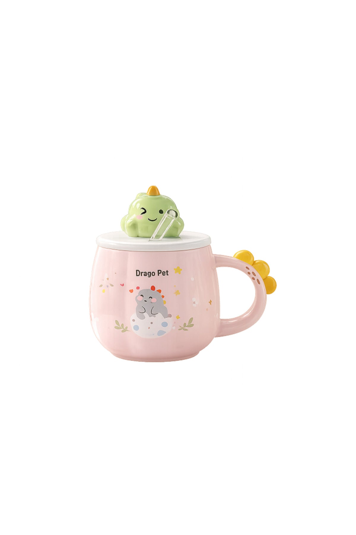 Sevimli Dinozor Kapaklı Seramik Kupa Bardak 500 ML – Pipetli Mousse Tasarımlı Kahve & Çay Kupası
