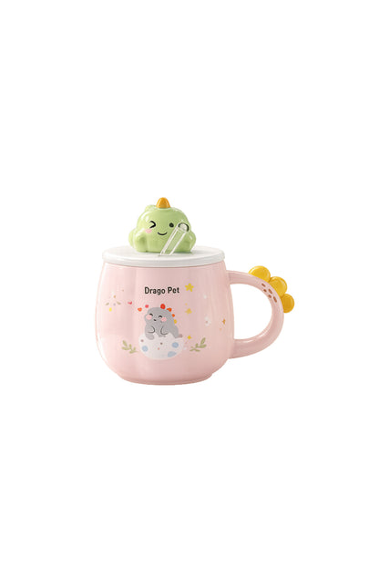 Sevimli Dinozor Kapaklı Seramik Kupa Bardak 500 ML – Pipetli Mousse Tasarımlı Kahve & Çay Kupası