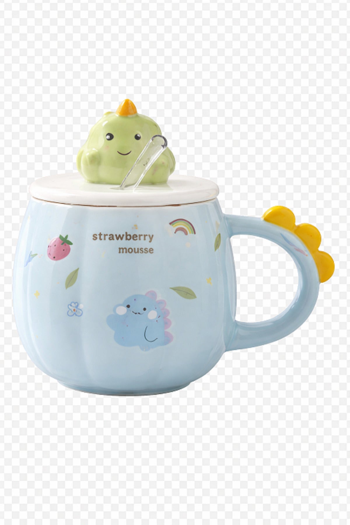 Sevimli Dinozor Kapaklı Seramik Kupa Bardak 500 ML – Pipetli Mousse Tasarımlı Kahve & Çay Kupası