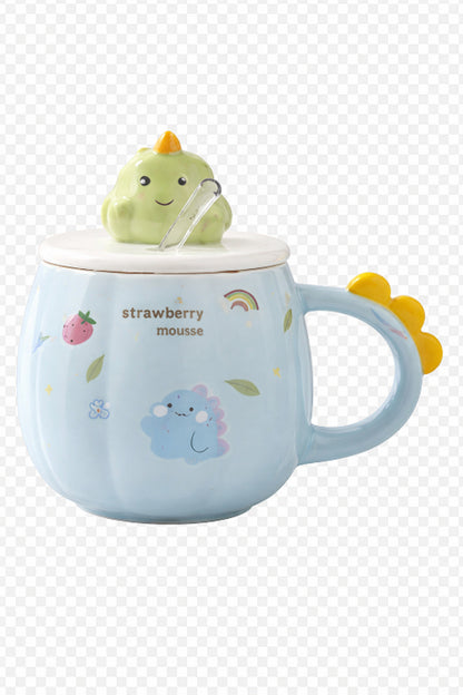 Sevimli Dinozor Kapaklı Seramik Kupa Bardak 500 ML – Pipetli Mousse Tasarımlı Kahve & Çay Kupası
