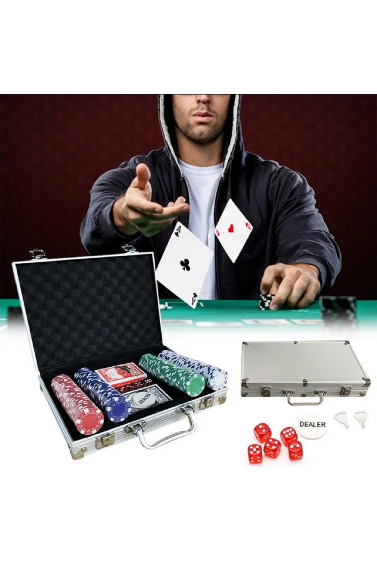 Eğlence Pokers Pazarlık Cips Dices Alüminyum Kasa İle 200 Parça Poker Fişi Seti 11 Gram Texas Holdem