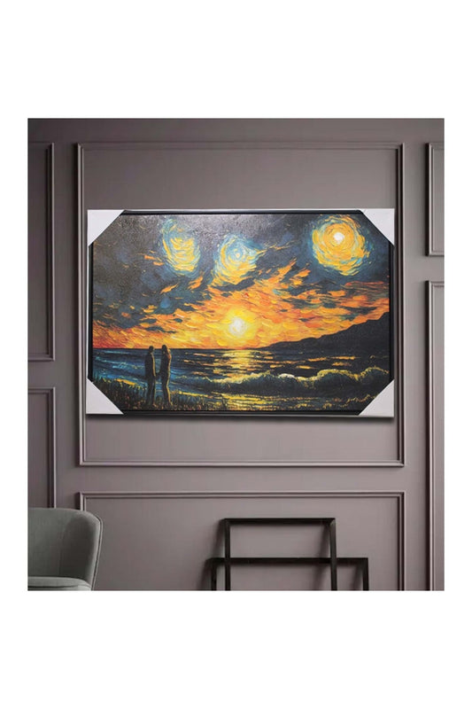 Retro Renkli Vintage Dalgalı Deniz Duvar Dekorasyon Yağlı Boya Tablo 90x60