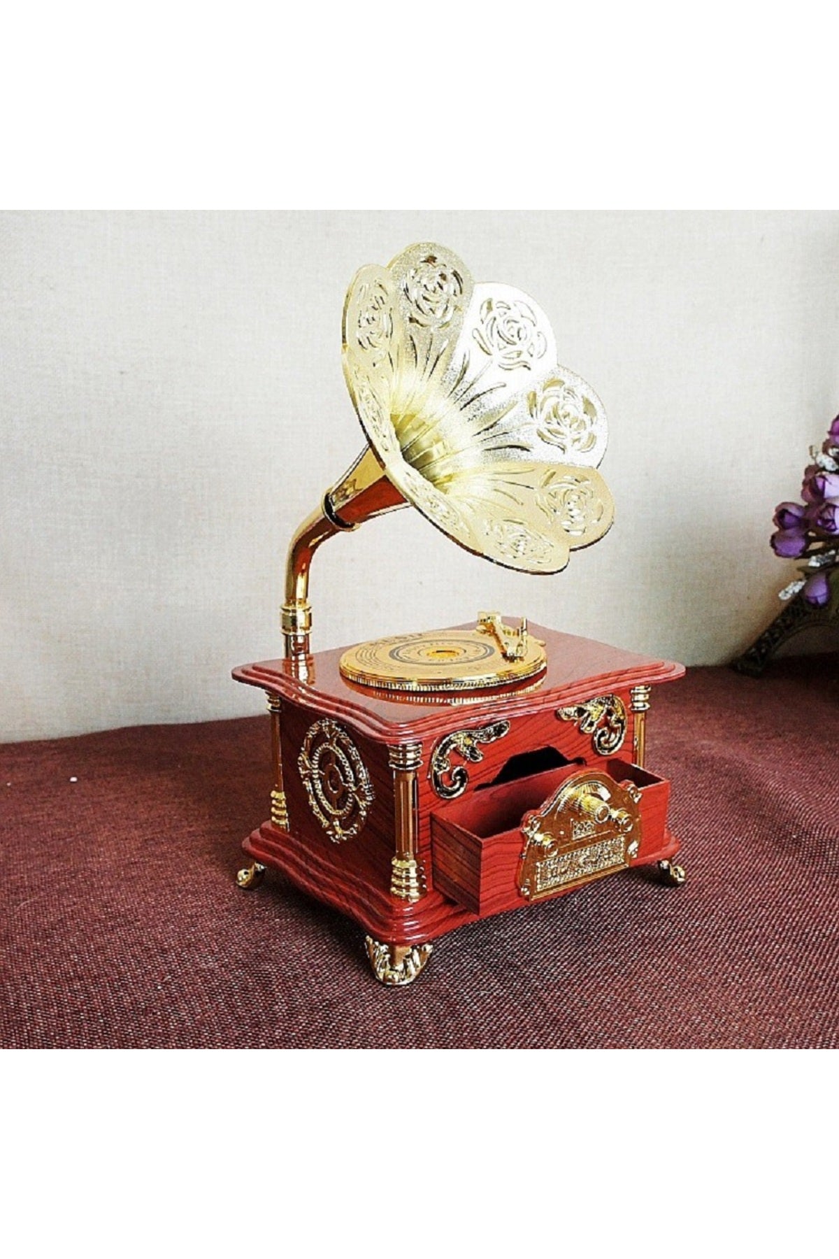 Özel Vintage Gramofon Müzik Kutusu Ve Çekmeceli Takı Aksesuar Mücevherat Kutusu