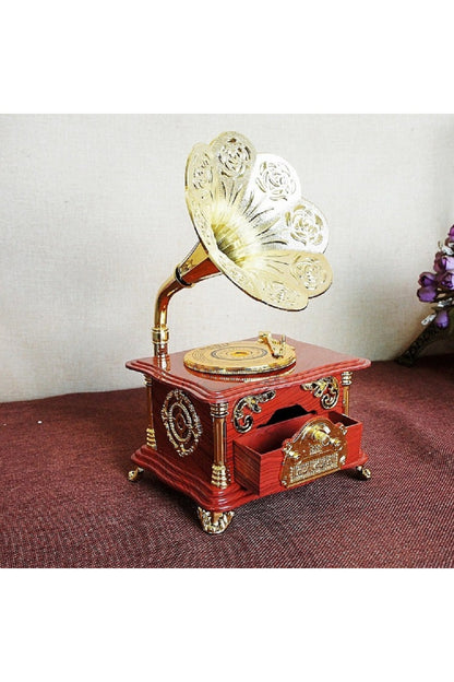 Özel Vintage Gramofon Müzik Kutusu Ve Çekmeceli Takı Aksesuar Mücevherat Kutusu