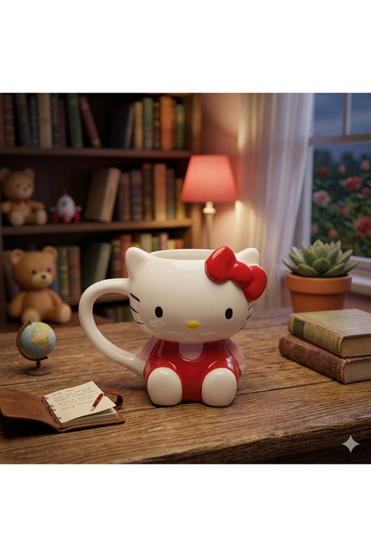 Hello Kitty 3D Kabartmalı Figürlü Seramik Kupa - Özel Tasarım Kawaii Hediye ve Koleksiyon Kupası
