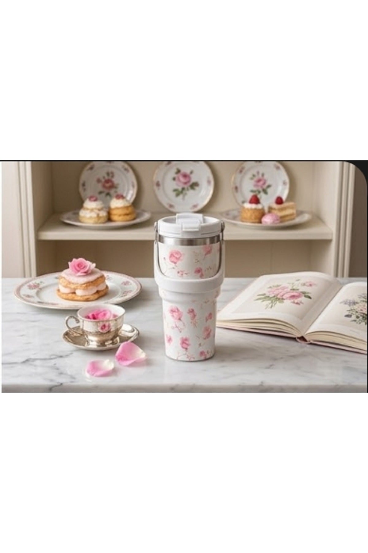 900 Ml Çiçek Desenli Termos Mug Çift Katmanlı Çelik Vakumlu Taşınabilir Şık Bardak