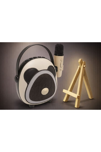 Çocuk Karaoke Mikrofon Seti Bluetooth Hoparlör Ahşap Tripod Telefon Standlı Retro Koyu Kahve Karaoke