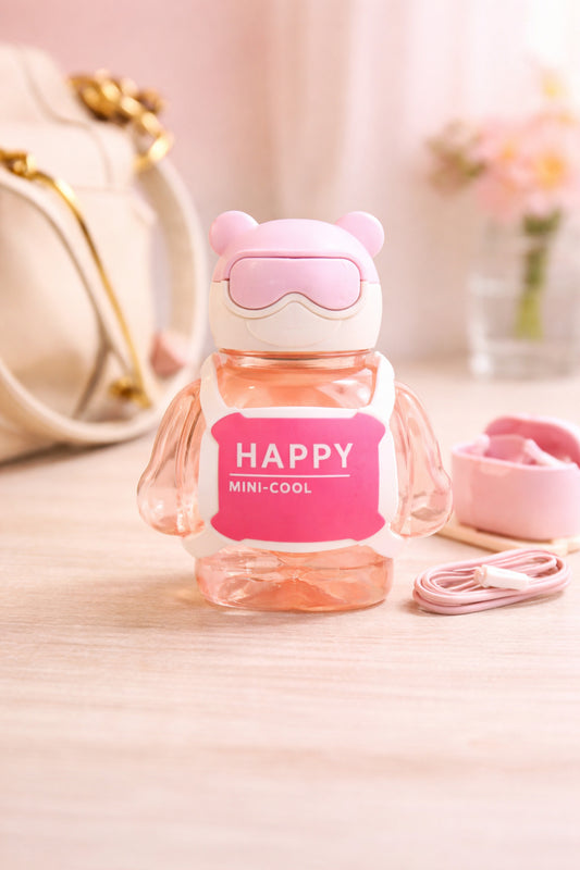 Sevimli Ayıcık Tasarımlı Pipetli Suluk Matara Çocuk Tritan Şişe Askılı Kawaii Model