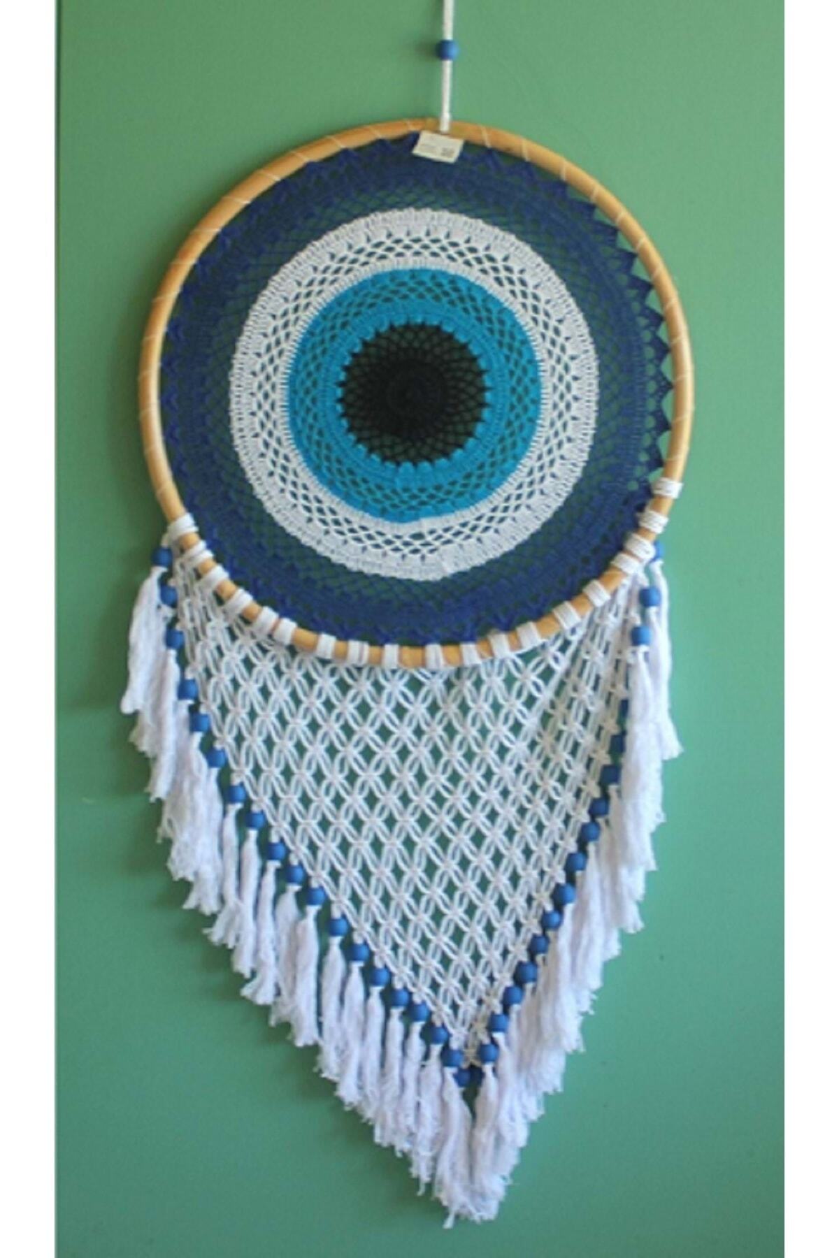 Rattan Çerçeveli Göz/Nazarlık Şeklinde Mavi Düş Kapanı Dreamcatcher
