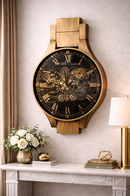 Mekanik Dişli Detaylı Lüks Duvar Saati – Altın Gövdeli Vintage & Steampunk Tasarım